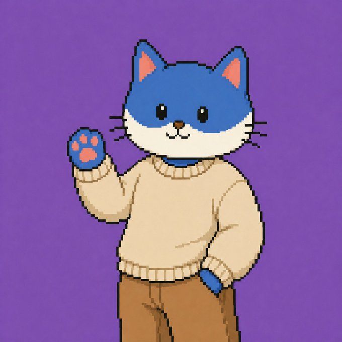 A pixel art illustration of a blue and white cat wearing a beige sweater and brown pants, waving its paw against a purple background.