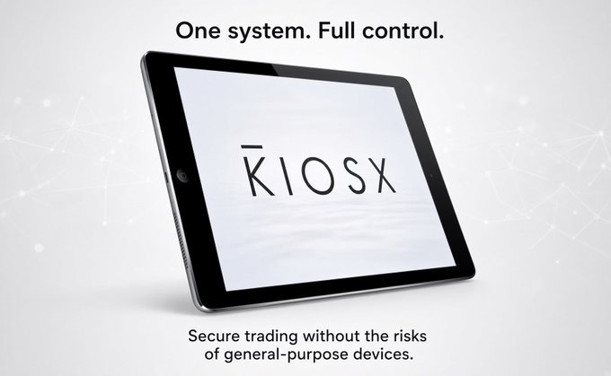 An advertisement for KIOSK shows a tablet device with the text 'One system. Full control.' and 'Secure trading without the risks of general-purpose devices.'