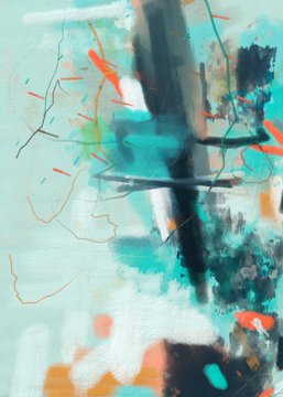 An abstract mixed-media painting with teal, orange, and black brushstrokes combined with delicate linework and splashes of color on a light background.