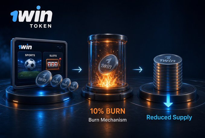 A promotional graphic for '1WIN TOKEN' illustrating its burn mechanism, showing a 3-step process: sports/slots gameplay leads to token burning in a flame-filled cylinder (10% BURN), resulting in reduced token supply.