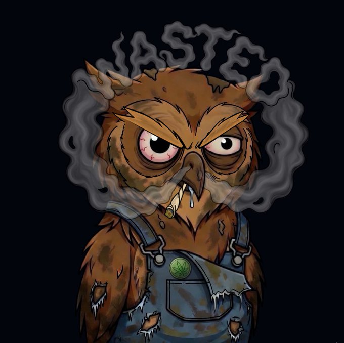 A grumpy, bloodshot-eyed cartoon owl wearing torn blue overalls with a marijuana leaf pin smokes a joint surrounded by smoke forming the word "WASTED," perfectly matching the post's "WASTED" vibes after the poster failed to mint this 1:1 NFT from @Owltopia_sol.