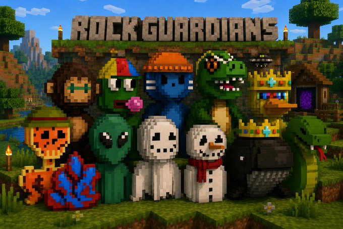A Minecraft-style promotional image titled 'ROCK GUARDIANS' featuring blocky pixel-art characters including figures with crowns, a snowman, ghosts, a dinosaur, and various creatures in a grassy landscape.