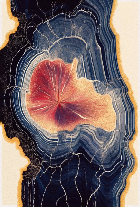 A digital artwork depicting a geode or crystal with vibrant red, orange, and blue concentric layers and cracks.