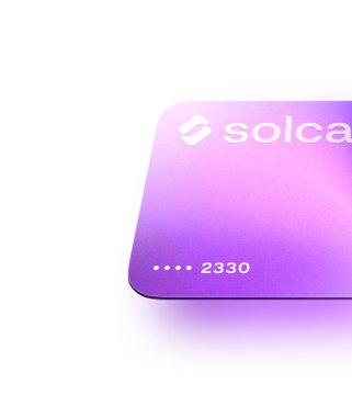 A sleek Solcard credit card shown at an angle, displaying a gradient color scheme that fades from white into purple, with the number "2330" and the Solcard logo visible. The image aligns with the post's mention of @solcard by highlighting the card's purple tone option.