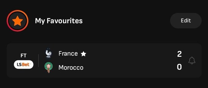 A sports betting 'My Favourites' section showing a Full Time (FT) result on LSBet with France beating Morocco 2-0, with France marked as a favorite.