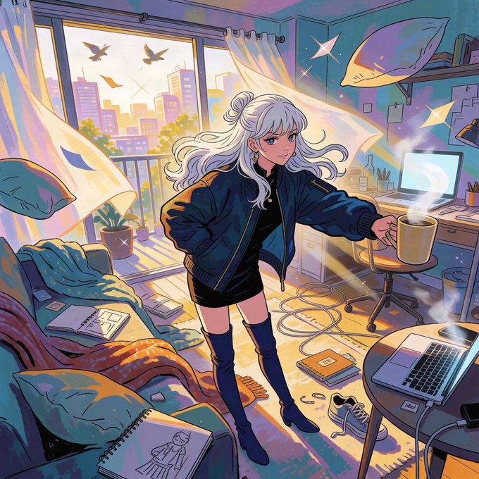 An anime-style illustration of a silver-haired girl in a black jacket and boots holding a steaming mug in a sunlit room with floating pillows.