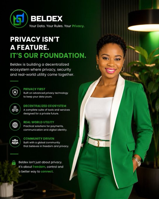A promotional graphic for Beldex features a woman in a green suit alongside the text "PRIVACY ISN'T A FEATURE. IT'S OUR FOUNDATION." and highlights features like "PRIVACY FIRST," "DECENTRALIZED ECOSYSTEM," "REAL WORLD UTILITY," and "COMMUNITY DRIVEN," tying into the post's message about the browser being a critical, privacy-vulnerable entry point to Web3.
