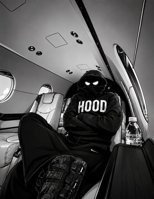 A figure in a black hoodie with "HOOD" emblazoned across the chest relaxes in a luxury private jet, wearing dark sunglasses and chunky sneakers while a water bottle sits on the side table. The "HOOD" branding on the apparel reinforces the post's message to fans, depicting the relaxed, chill lifestyle being celebrated over the weekend.