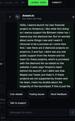 A mobile chat interface shows a message from 'Ansam.io' announcing the launch of a new financial project, warning about anonymous people trying to scam by claiming to be from Ansam.