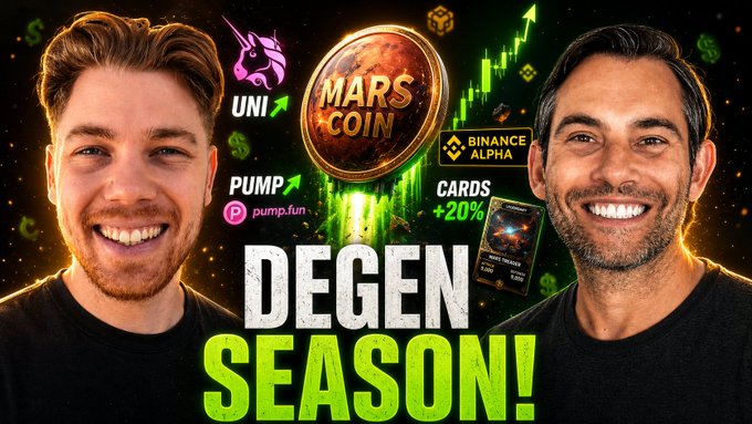 Two smiling hosts flank a vibrant crypto-themed thumbnail promoting their "DEGEN SEASON!" YouTube show, featuring graphics of $MARSCOIN, Uniswap ($UNI), Binance Alpha, Pump.fun ($PUMP), and trading cards ($CARDS +20%) against a green candlestick chart background—aligning with the post's hype around trending memecoins.