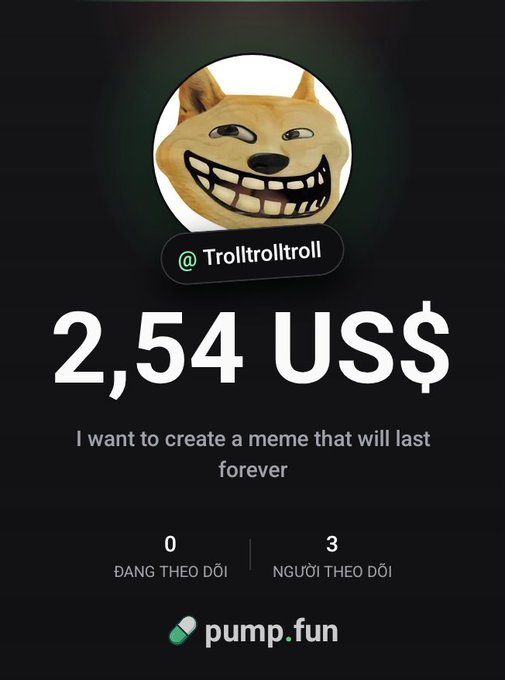 A pump.fun profile page for '@Trolltroltroll' featuring a smirking doge meme face, showing '2,54 US$' and the description 'I want to create a meme that will last forever'.