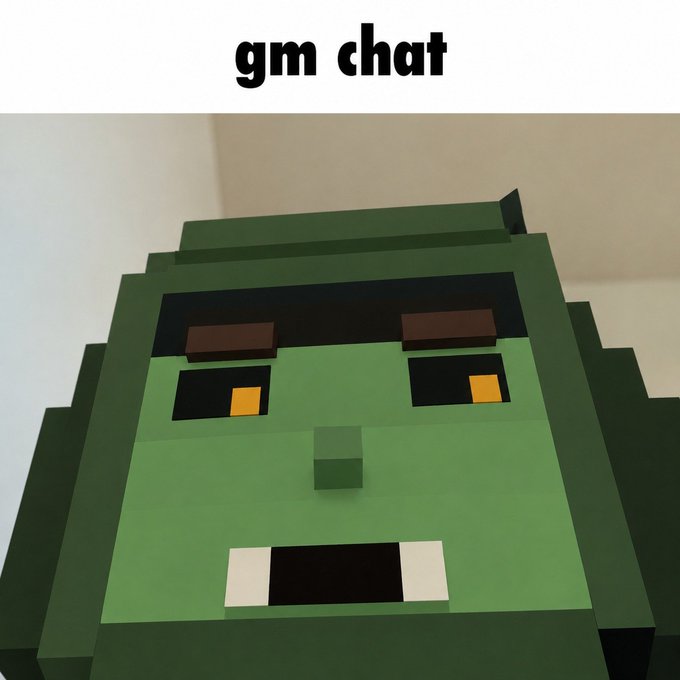 A blocky, voxel-style green character with glowing orange eyes is displayed with the text 'gm chat' at the top.
