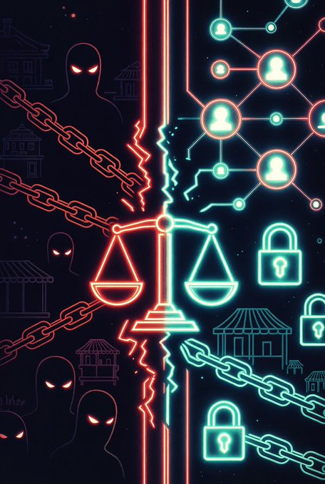 A neon-lit illustration split down the middle: the left side glows red with shadowy hooded figures, broken chains, and traditional market stalls, while the right side glows teal with a network of trusted user nodes, padlocks, and secured pavilions. At the center, a balanced scale bridges the two halves, visually reinforcing the post's message that #BEETREX replaces blind trust in strangers with a trustless system where users have real "skin in the game."