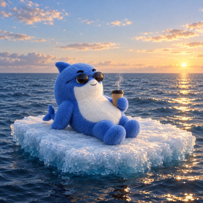 A 3D-rendered blue and white cartoon character wearing sunglasses relaxes on a chunk of ice floating in the ocean while holding a steaming coffee cup at sunset.