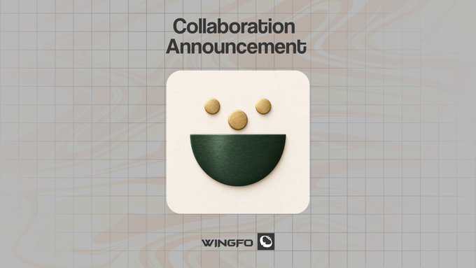 A collaboration announcement graphic featuring a cream-colored square tile with three yellow circles and a green semi-circle resembling a smiley face, set against a marbled background with the text "Collaboration Announcement" and "WINGFO" branding. The design ties to the post announcing a free NFT mint collaboration between Wingfo and Consensus Games, with a supply of 1,111 and an upcoming Discord raffle.