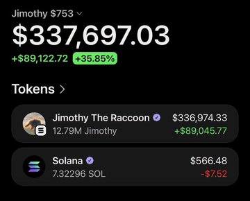 A screenshot of a crypto wallet showing "Jimothy $753" with a balance of $337,697.03 (+35.85%, +$89,122.72), holding 12.79M Jimothy tokens valued at $336,974.33 and 7.32296 SOL worth $566.48. The image visually supports the post's claim of a wallet that turned a small investment into over $330K by holding nearly 13 million Jimothy tokens.