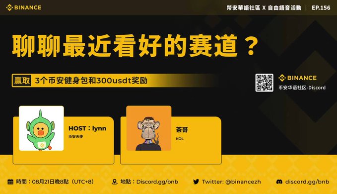 A Binance Chinese community announcement promotes a Discord voice chat event "EP.156" hosted by lynn with guest KOL "茶哥," offering 3 hardware wallets and 300 USDT as prizes, scheduled for 8 PM UTC+8 on August 21.