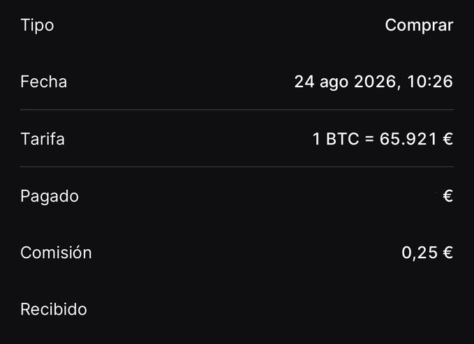 A Bitcoin transaction receipt in Spanish showing a purchase of 1 BTC at a rate of 65,921 €, dated 24 ago 2026, 10:26, with a 0,25 € commission.