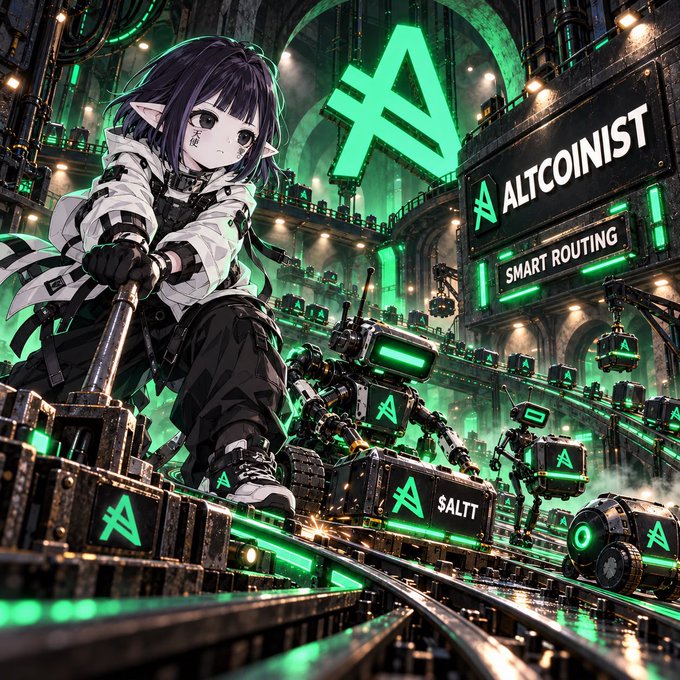 An anime-style illustration features a dark-haired elf-like character in a futuristic green-lit industrial facility with signage reading 'ALTCOINIST,' 'SMART ROUTING,' and '$ALTT' on machinery.
