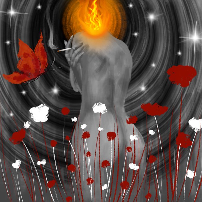 A grayscale figure with a flaming head and a cigarette stands amid a swirling vortex, red and white flowers, and a red butterfly, illustrating the alchemy of pain into beauty as highlighted by #tezostuesday.