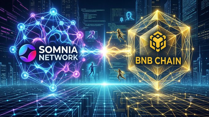 A futuristic digital graphic showing a glowing blue network sphere labeled 'SOMNIA NETWORK' connected to a golden geometric cube labeled 'BNB CHAIN' over a circuit board background.