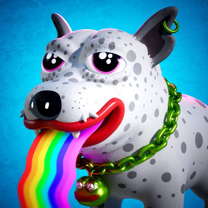 A 3D-rendered spotted dog with a golden chain collar and a green frog pendant breathes a rainbow stream from its mouth against a bright blue background, visually representing the loyal companion ($ZEUS) chasing after Pepe in a playful, meme-inspired crypto aesthetic.
