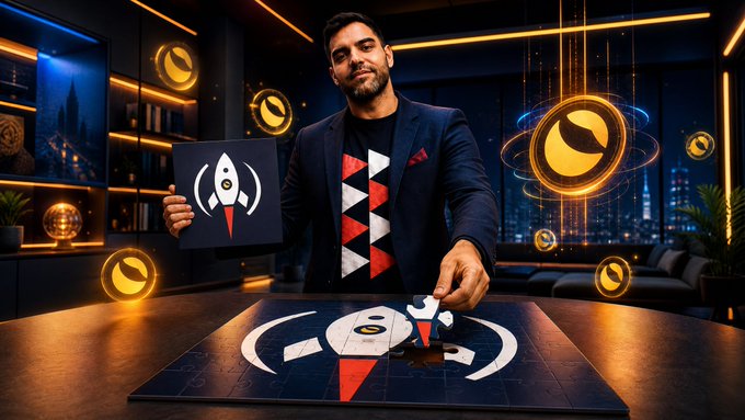 A bearded man in a dark blazer stands at a puzzle-adorned table, holding up a jigsaw piece featuring a rocket logo while assembling a larger puzzle on the table. The post's reference to "everything will connect" is visually represented through the jigsaw puzzle metaphor, symbolizing how separate pieces (ideas, projects, or perhaps the LUNC cryptocurrency ecosystem) are coming together to form a complete, sustainable picture, reinforced by the glowing orange celestial rings and futuristic cityscape that suggest forward momentum and the eventual "launch" referenced by the rocket icon.