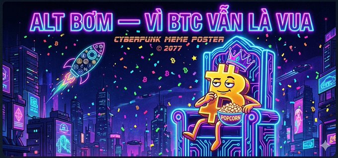 Cyberpunk-style illustration of a Bitcoin character sitting on a throne eating popcorn, with Vietnamese text 'ALT BÒM — VÌ BTC VẪN LÀ VUA' and 'CYBERPUNK MEME FOSTER © 2077'.