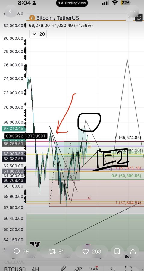 A TradingView chart of Bitcoin/TetherUS (BTCUSDT) on the 4H timeframe shows price action around $66,276 with a marked "TP 2" (take profit 2) target hit near $67,212, confirming the trader's successful target call mentioned in the post. Hand-drawn annotations including arrows, circled zones, and trendlines illustrate the technical analysis that supported the profitable trade.