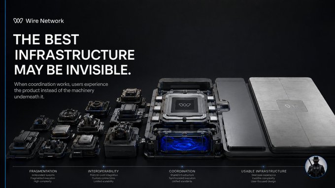 A Wire Network promotional graphic titled "THE BEST INFRASTRUCTURE MAY BE INVISIBLE," showcasing modular hardware components and highlighting features like fragmentation, interoperability, coordination, and usable infrastructure.