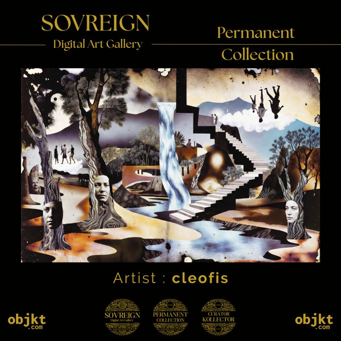 A promotional graphic for Sovreign Digital Art Gallery's Permanent Collection featuring a surreal digital artwork by artist 'cleofis', showing trees with faces, stairs ascending to the sky, and floating figures.