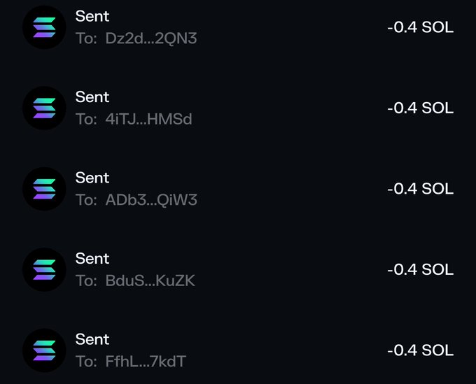 The image displays a list of five cryptocurrency transactions on Solana (SOL), each showing a "Sent" status with a cost of -0.4 SOL to various abbreviated wallet addresses (Dz2d...2QN3, 4iTJ...HMSd, ADb3...QiW3, BduS...KuZK, and FfhL...7kdT). This aligns with the accompanying post "Start checking your wallet" by suggesting recipients verify their wallets for incoming SOL transfers.