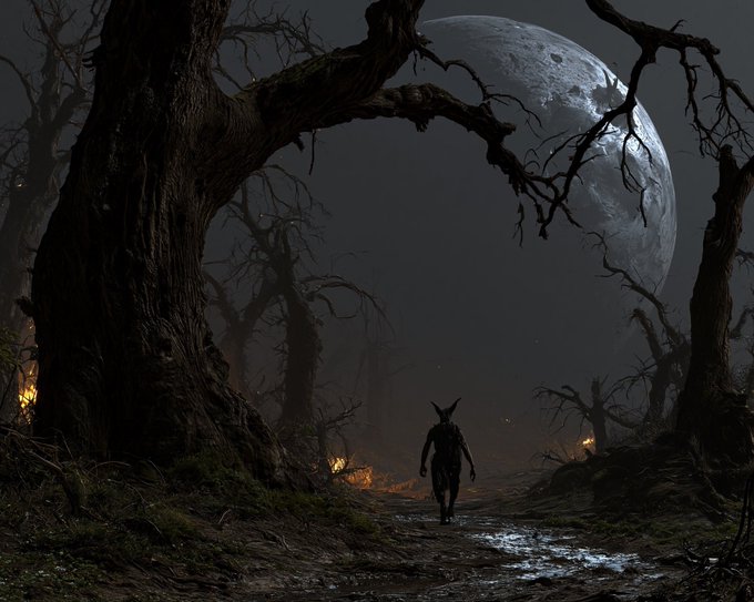 A dark, atmospheric fantasy artwork showing a horned humanoid figure walking down a path beneath a massive moon in a misty forest with bare, gnarled trees and scattered firelight.