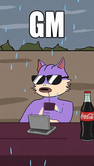 A cartoon illustration of a purple cat wearing sunglasses sitting at a desk with a laptop and a Coca-Cola bottle, with "GM" text at the top and rain falling.