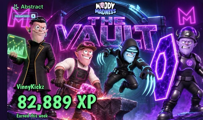 A vibrant promotional graphic for 'Moddy Madness' featuring four 3D cartoon characters in purple-themed outfits, displaying 'VinnyKickz 82,889 XP Earned this week' with Abstract and Diamond logos.