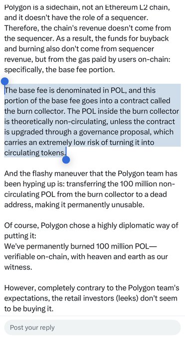 A screenshot of a social media thread discussing Polygon (POL), explaining that it is a sidechain rather than an L2 and detailing the burning of 100 million POL tokens.