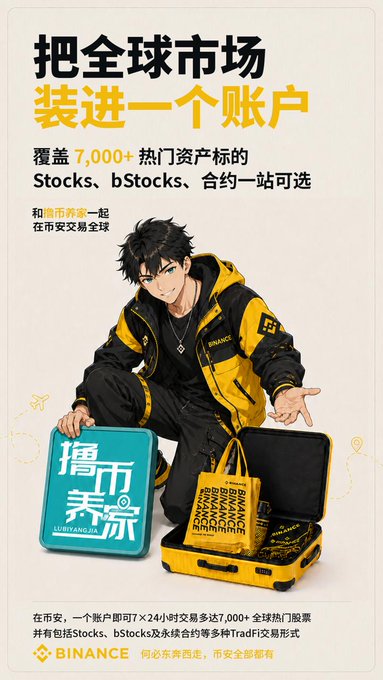 A Binance advertisement featuring a young man in a black and yellow Binance jacket, promoting '把全球市场装进一个账户' (Put global markets in one account) with coverage of 7,000+ popular assets including Stocks and bStocks.
