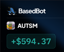 A dark-themed graphic displays "BasedBot" and "AUTSM" alongside the ticker "AU," featuring a prominent green "+$594.37" gain figure that visually reinforces the post's call to quickly grab the deal on the AUTSM token.