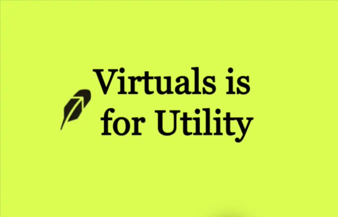 The image features a yellow-green background with a small feather icon and the text "Virtuals is for Utility" in bold black font. This graphic reinforces the post's message about the Virtuals protocol launching multiple daily utility-focused projects, serving as a visual tagline for the platform's new launches.