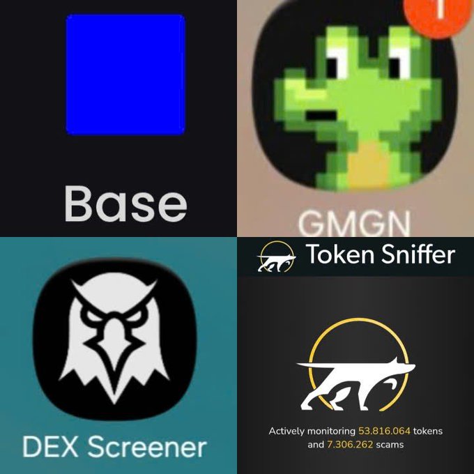 A collage of four cryptocurrency-related logos: Base (blue square), GMGN (pixelated frog), DEX Screener (owl logo), and Token Sniffer, which states it is 'Actively monitoring 53,816,064 tokens and 7,306,262 scams.'