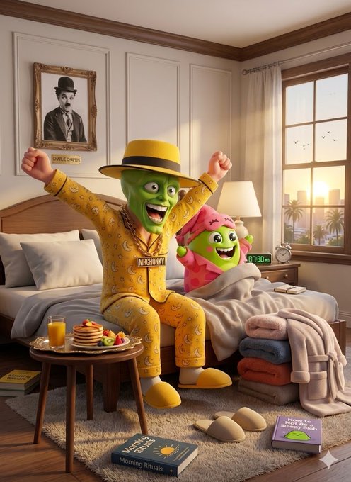 The image features a man dressed in pajamas with a green mask, sitting on a bed next to another person wearing a pink hat who appears to be smiling. The scene takes place in a bedroom setting, with various objects such as books scattered around the room and a clock on the wall. There is also an orange juice glass placed nearby. The image seems to be related to the post about Sleep is not for the weak anymore, which suggests that the man wearing the pajamas might have been struggling with sleep or has developed better sleeping habits through the use of the app.