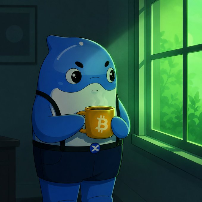 A cartoon illustration of a blue mascot character holding a yellow Bitcoin mug while looking out a window at green foliage, wearing an 'X' badge.