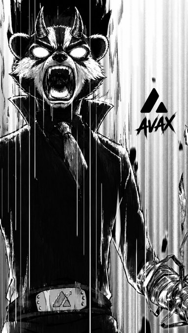 The image features a black and white comic-style illustration of an anthropomorphic raccoon with horns, wearing a suit, with a fierce expression. The logo 'AVAX' is visible on the right side.
