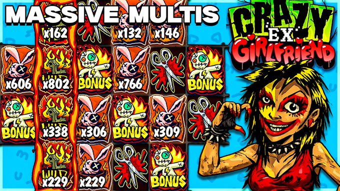 The image features a poster for a video game called " Crazy Exgirlfriend" with a cartoon girl wearing a red dress holding scissors, surrounded by various images of characters from the game. The poster also includes text that reads "Massive Exquisite Multis", which is likely related to the game's title or gameplay mechanics.
