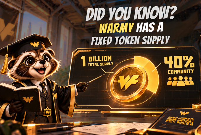 A promotional graphic for Warm features an animated mascot in a graduation cap holding a pointer beside a coin and the text “DID YOU KNOW? WARM HAS A FIXED TOKEN SUPPLY,” “1 BILLION TOTAL SUPPLY,” and “40% COMMUNITY.”