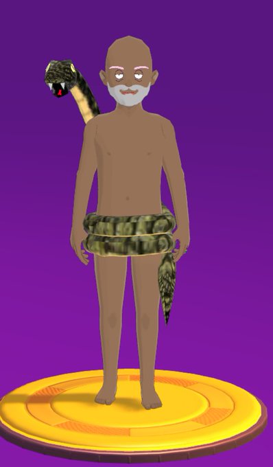 A crude 2D digital drawing of a nude elderly man with a white beard standing on a golden disc, with a cobra wrapped around his waist against a purple background.
