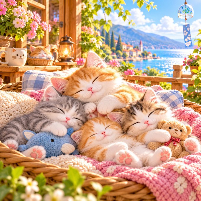 A whimsical illustration of four sleeping kittens cuddled together in a basket with a teddy bear, set on a balcony overlooking a Mediterranean coastal town.