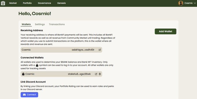 A wallet settings page for user 'Cosmic' showing a receiving address and a connected wallet on a digital marketplace platform.