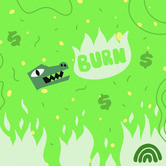 A cartoon green crocodile breathes a flame labeled "BURN" over a fiery background with dollar signs and confetti, visually illustrating the post's message that burning NFTs yields a bigger airdrop allocation ahead of the August 10th presale on @TheArena (morphora.xyz/presale/).