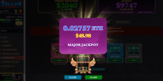 A pop-up screen on a betting site displays a 'MAJOR JACKPOT' win of 0.02757 ETH ($48.98) with a gold chest graphic and CLAIM/CLOSE buttons, on a site with $2040 weekly prize pool.